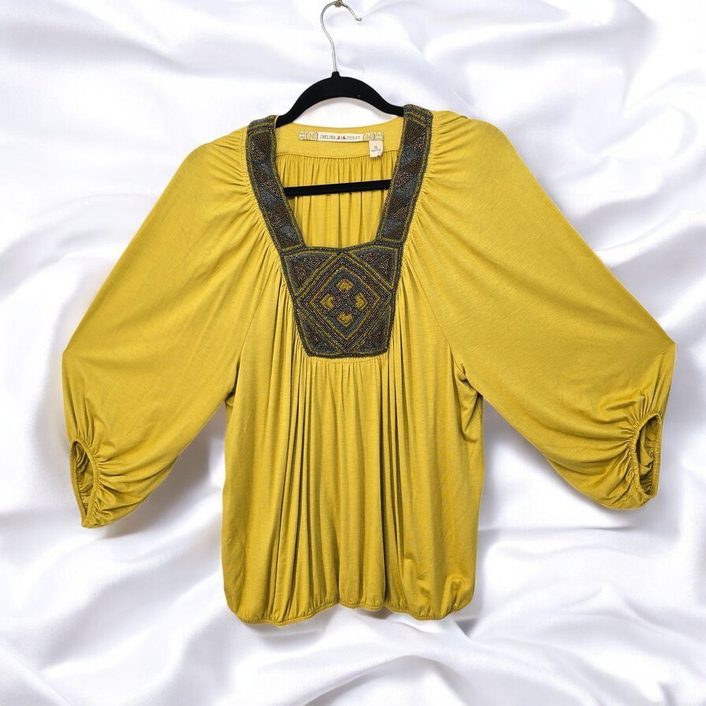 Chelsea & Violet Blouse Small Mustard Yellow Beaded Boho Peasant Top Embellished